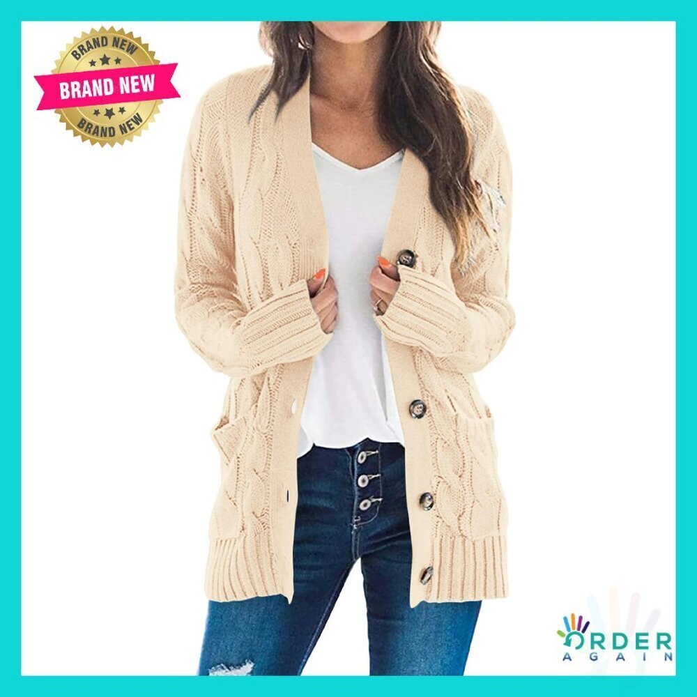 Chunky Cable Knit Cardigan Open Front Button Down Cozy Oversized Winter
